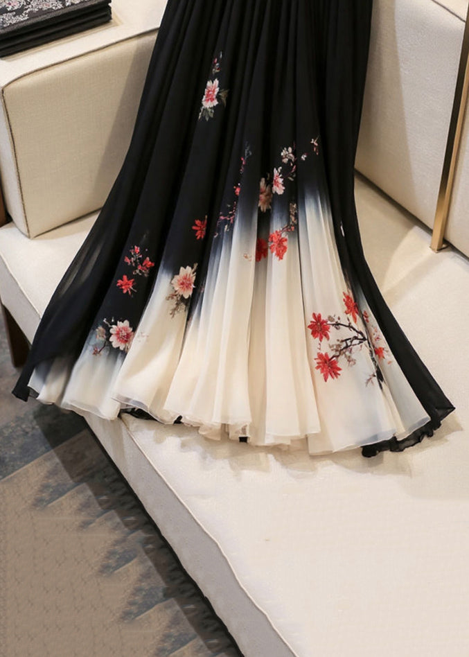 Elastic Skirts Black Chiffon Print Italian Waist Summer