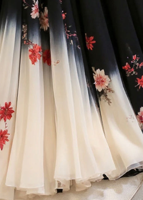 Elastic Skirts Black Chiffon Print Italian Waist Summer