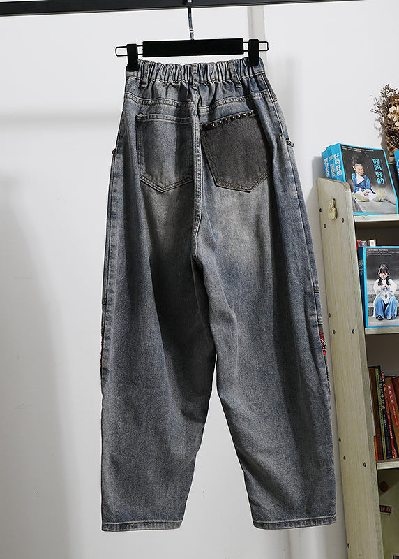 Italian Blue Embroidered Pockets Patchwork Denim Pants Spring QQ1050