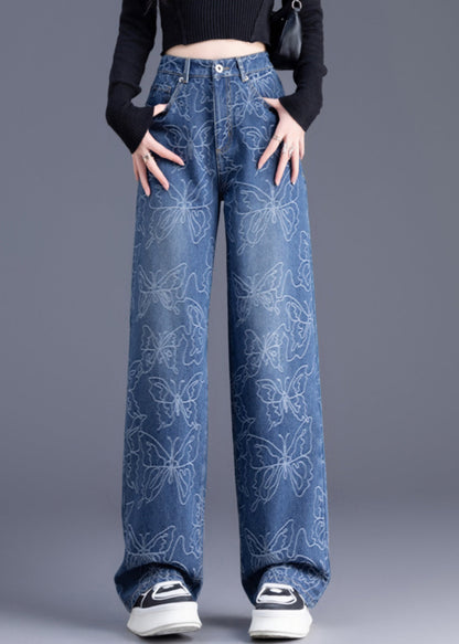 Trousers Denim Pants Waist Italian Blue High Straight Print