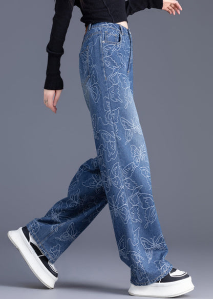 Trousers Denim Pants Waist Italian Blue High Straight Print