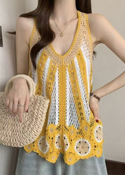 Italian V Knit Shirt Neck Hollow Sleeveless Blue Out T