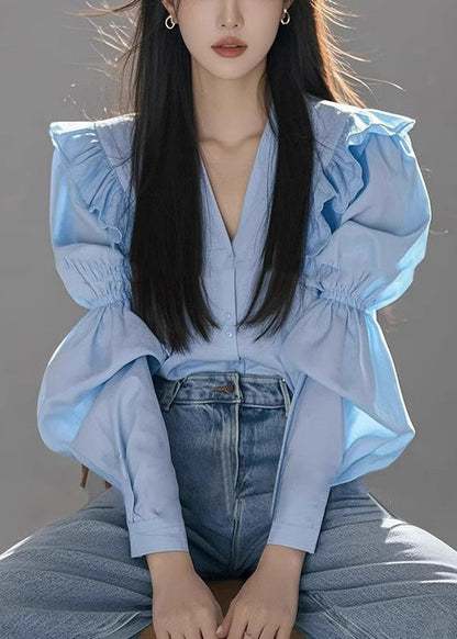 Neck V Cotton Blouse Fall Blue Italian Wrinkled