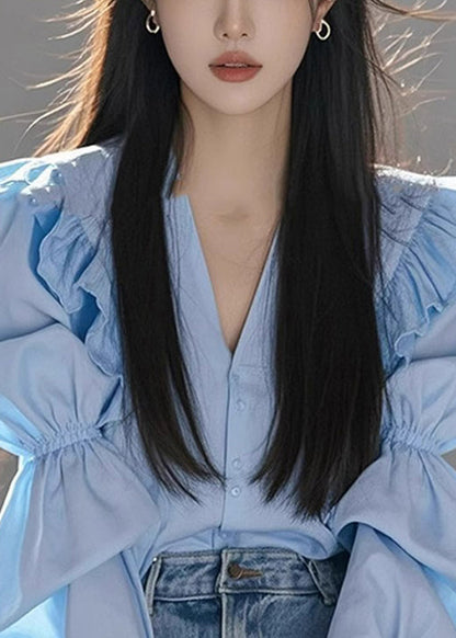 Neck V Cotton Blouse Fall Blue Italian Wrinkled