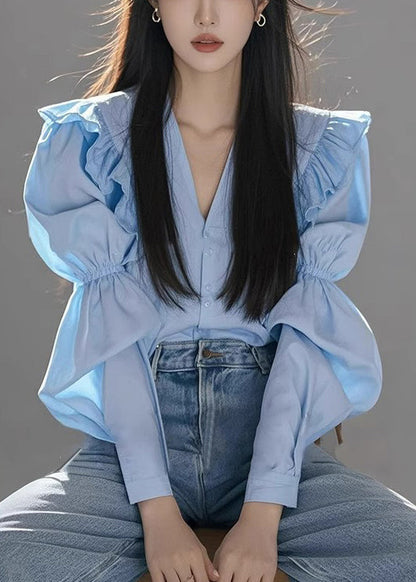 Neck V Cotton Blouse Fall Blue Italian Wrinkled