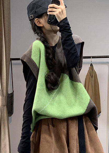 Italian Colorblock V Neck Patchwork Knit Vest Sleeveless TJ005