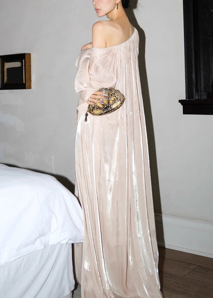 V Neck Maxi Glutinous Dresses Flour Rice Wrinkled Silk Italian