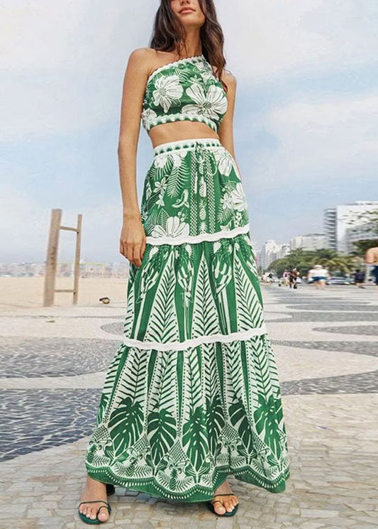 Green Shoulder Two Pieces Top And Skirts Italian One Maxi Print