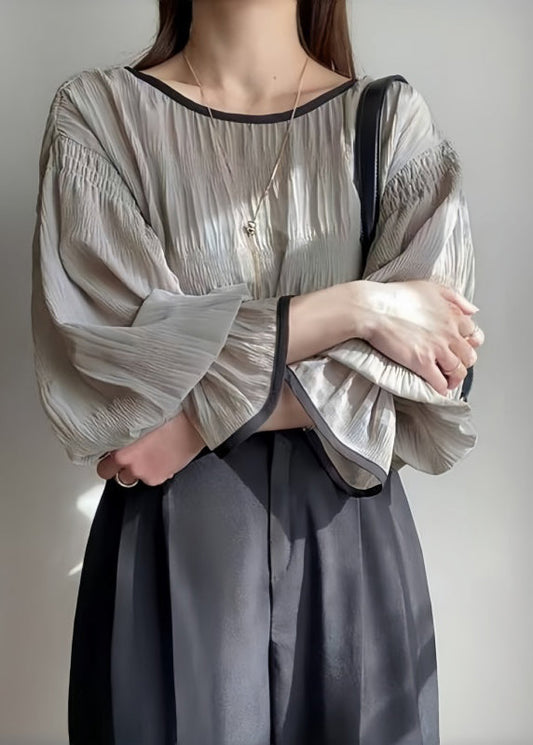 Tops Grey Chiffon Wrinkled Puff Oversized Sleeve Italian