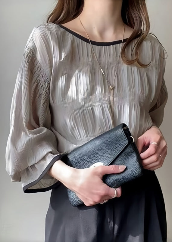 Tops Grey Chiffon Wrinkled Puff Oversized Sleeve Italian