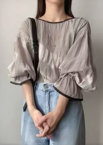 Tops Grey Chiffon Wrinkled Puff Oversized Sleeve Italian