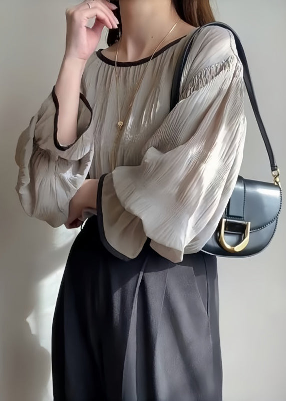 Tops Grey Chiffon Wrinkled Puff Oversized Sleeve Italian
