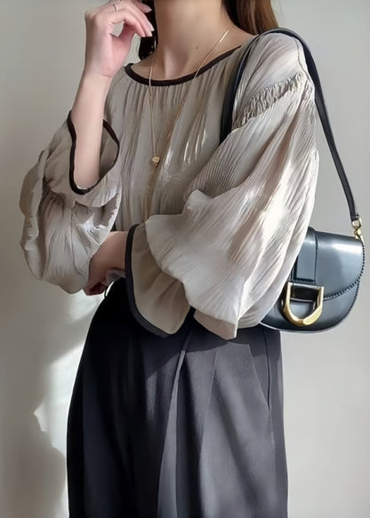 Tops Grey Chiffon Wrinkled Puff Oversized Sleeve Italian