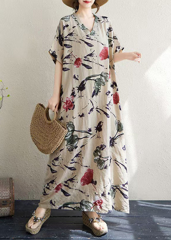 Print Italian Khaki Dresses Summer Oversized Cotton