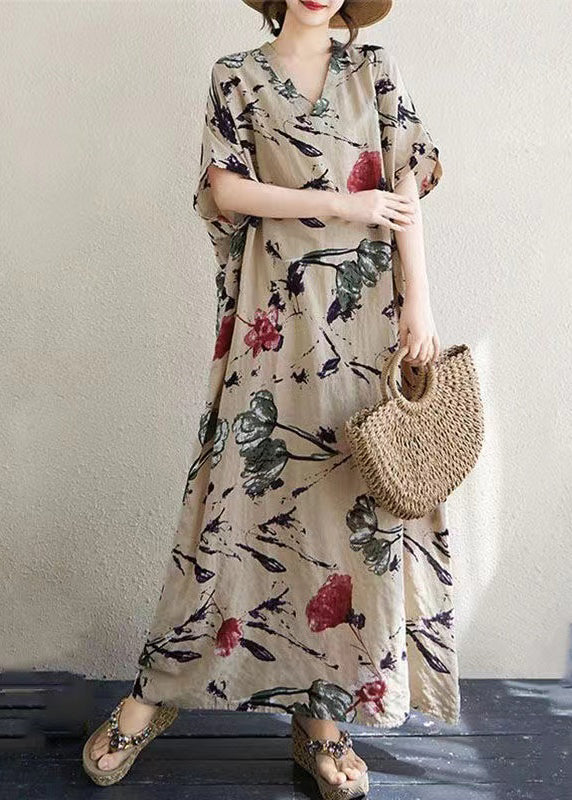 Print Italian Khaki Dresses Summer Oversized Cotton