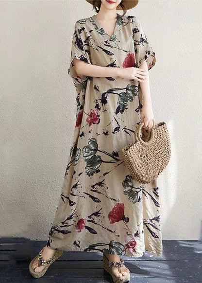 Print Italian Khaki Dresses Summer Oversized Cotton