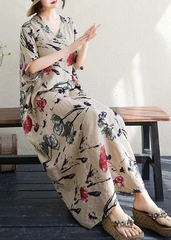 Print Italian Khaki Dresses Summer Oversized Cotton