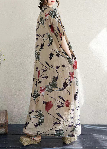 Print Italian Khaki Dresses Summer Oversized Cotton