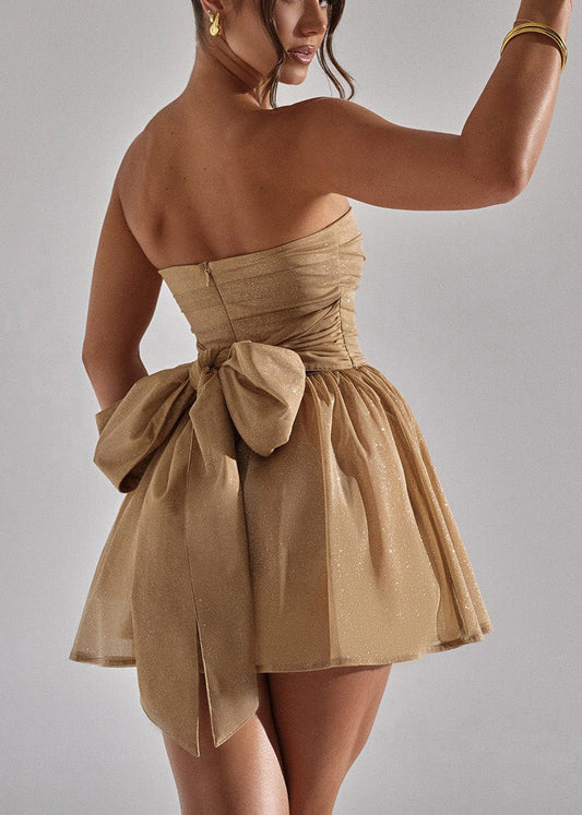 Strapless Mini Khaki Italian Sequins Summer Dresses Tulle