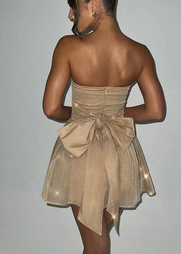Strapless Mini Khaki Italian Sequins Summer Dresses Tulle