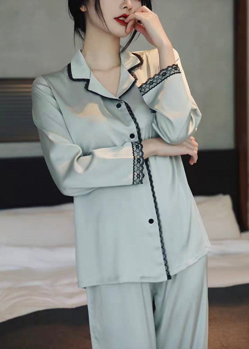 Italian Light Blue Side Open Lace Patchwork Ice Silk Pajamas Two Piece Set Spring YK008