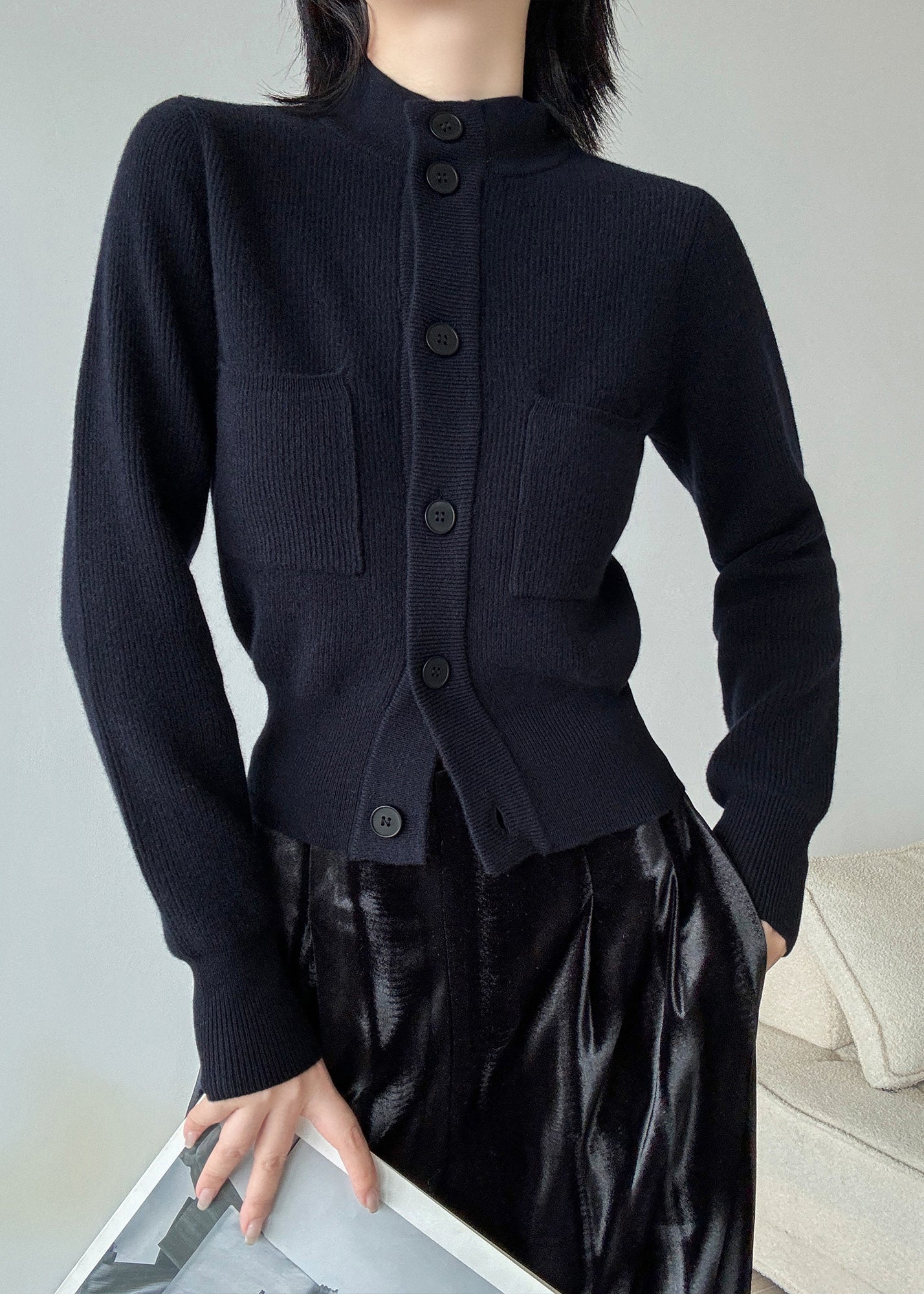 Italian Light Grey Stand Collar Button Wool Cardigans Spring TY026