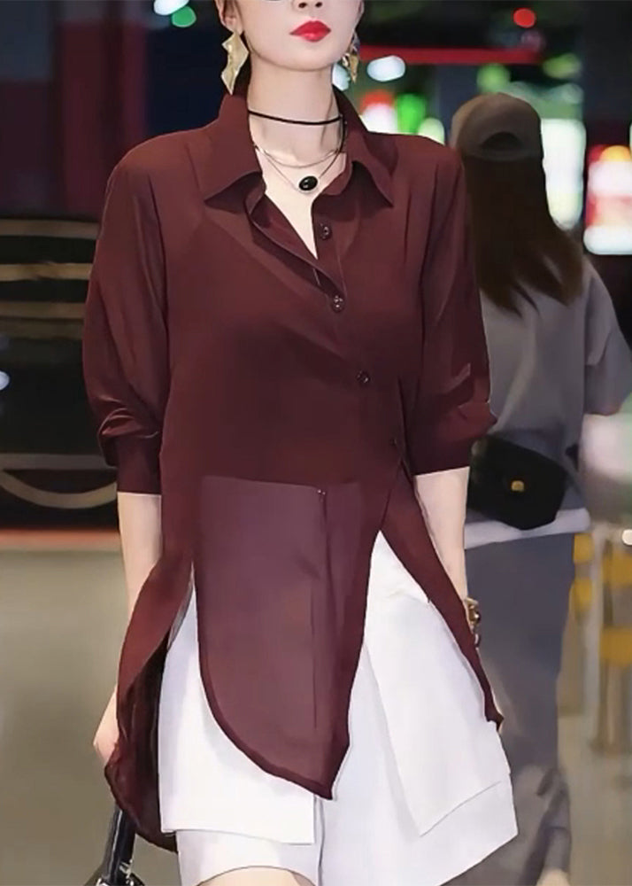 Shirts Patchwork Italian Chiffon Mulberry Asymmetrical Summer