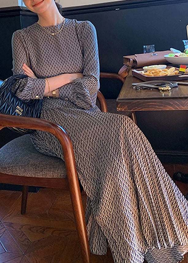 High Cotton Long Italian Dresses Waist Print O-Neck Navy Fall