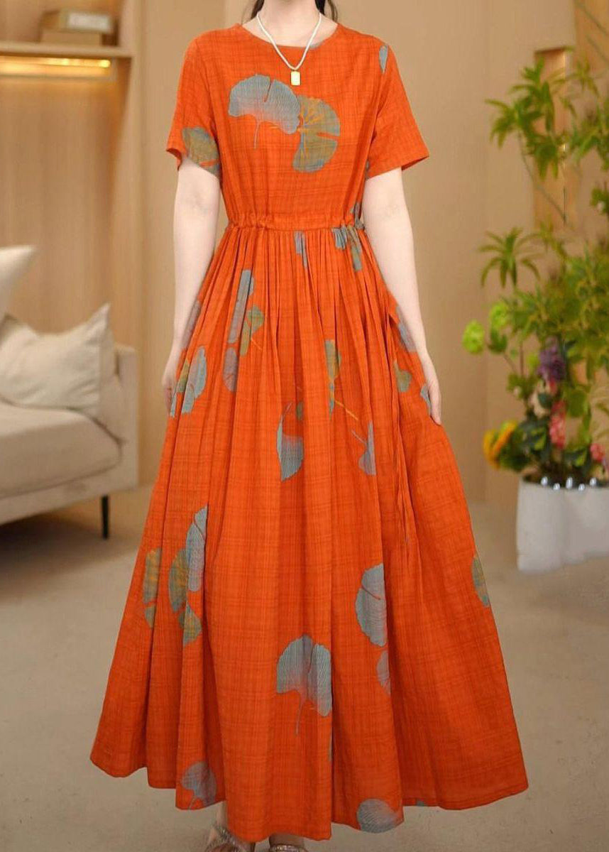 Orange Italian Cotton Summer Dresses Cinched Maxi Print