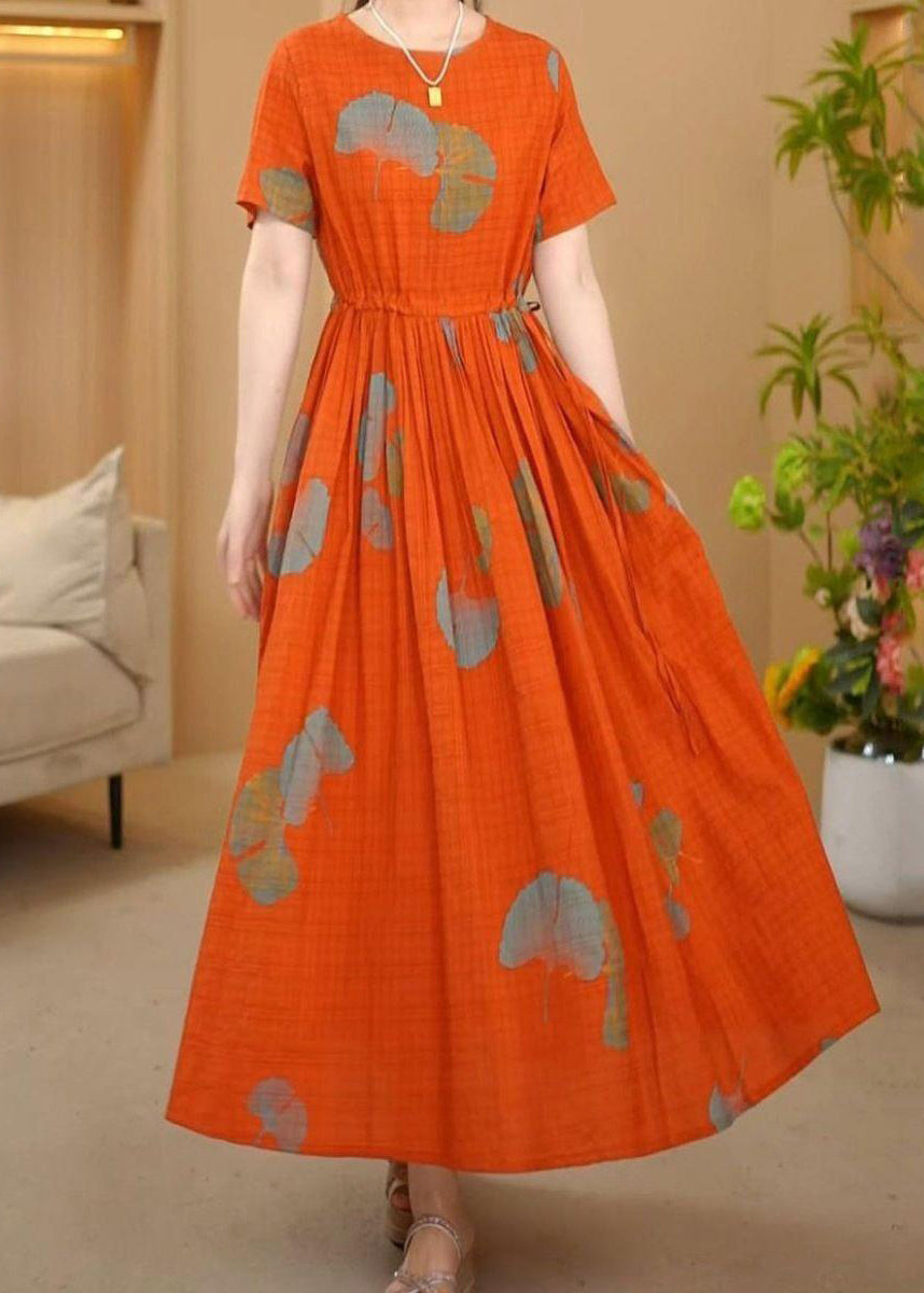 Orange Italian Cotton Summer Dresses Cinched Maxi Print