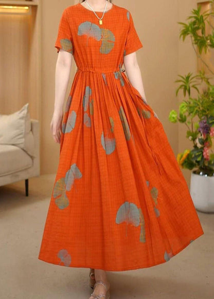 Orange Italian Cotton Summer Dresses Cinched Maxi Print