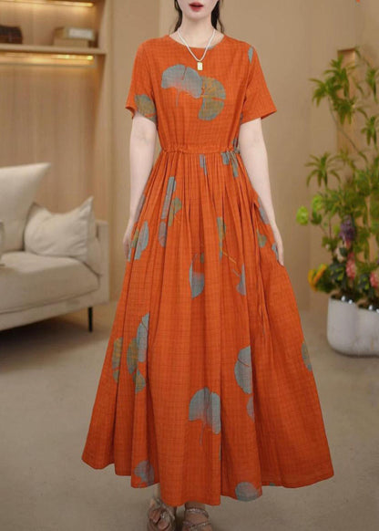 Orange Italian Cotton Summer Dresses Cinched Maxi Print