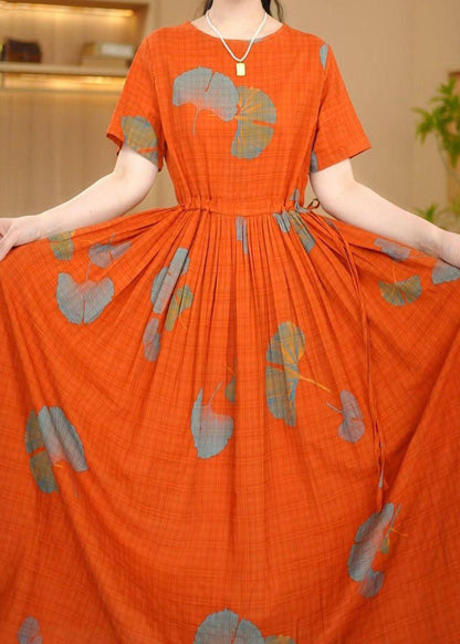 Orange Italian Cotton Summer Dresses Cinched Maxi Print