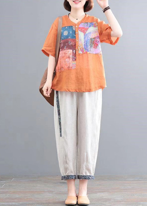 Linen Summer Print Set Two Italian Pieces Oversized Orange