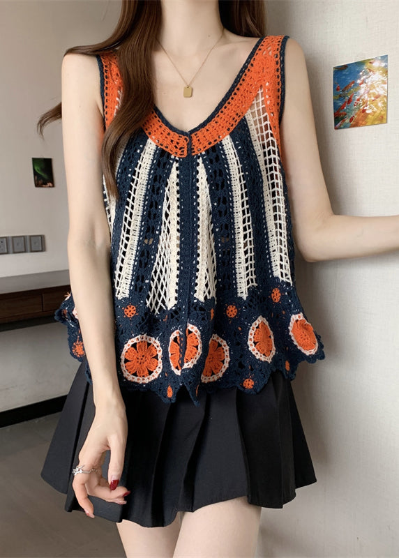 Italian Orange Vests Summer Knit Neck V