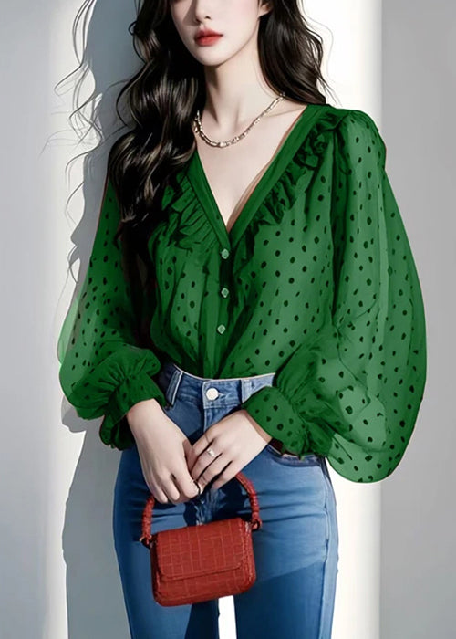 Italian Ruffled Spring V Purple Shirts Chiffon Dot Neck