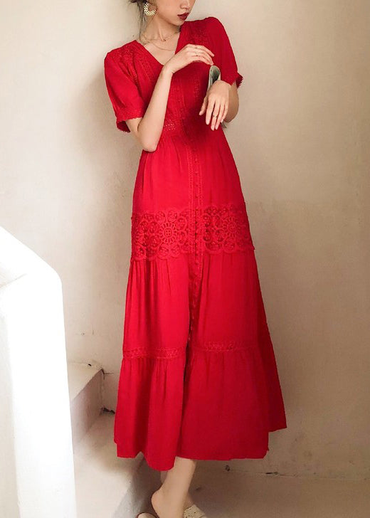 Hollow Lace Summer Dress Cotton Red Italian Shirts Out Button