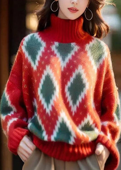 Italian Red Hign Neck Geometric Print Woolen Short Sweater Spring YY020