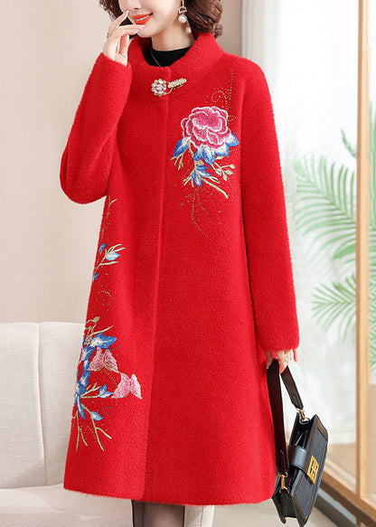Italian Red Stand Collar Button Maxi Mink Velvet Wool Coats Spring TA036