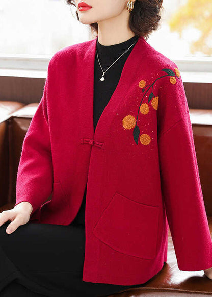 Italian Red V Neck Pockets Cotton Knit Cardigans Bracelet Sleeve TA021