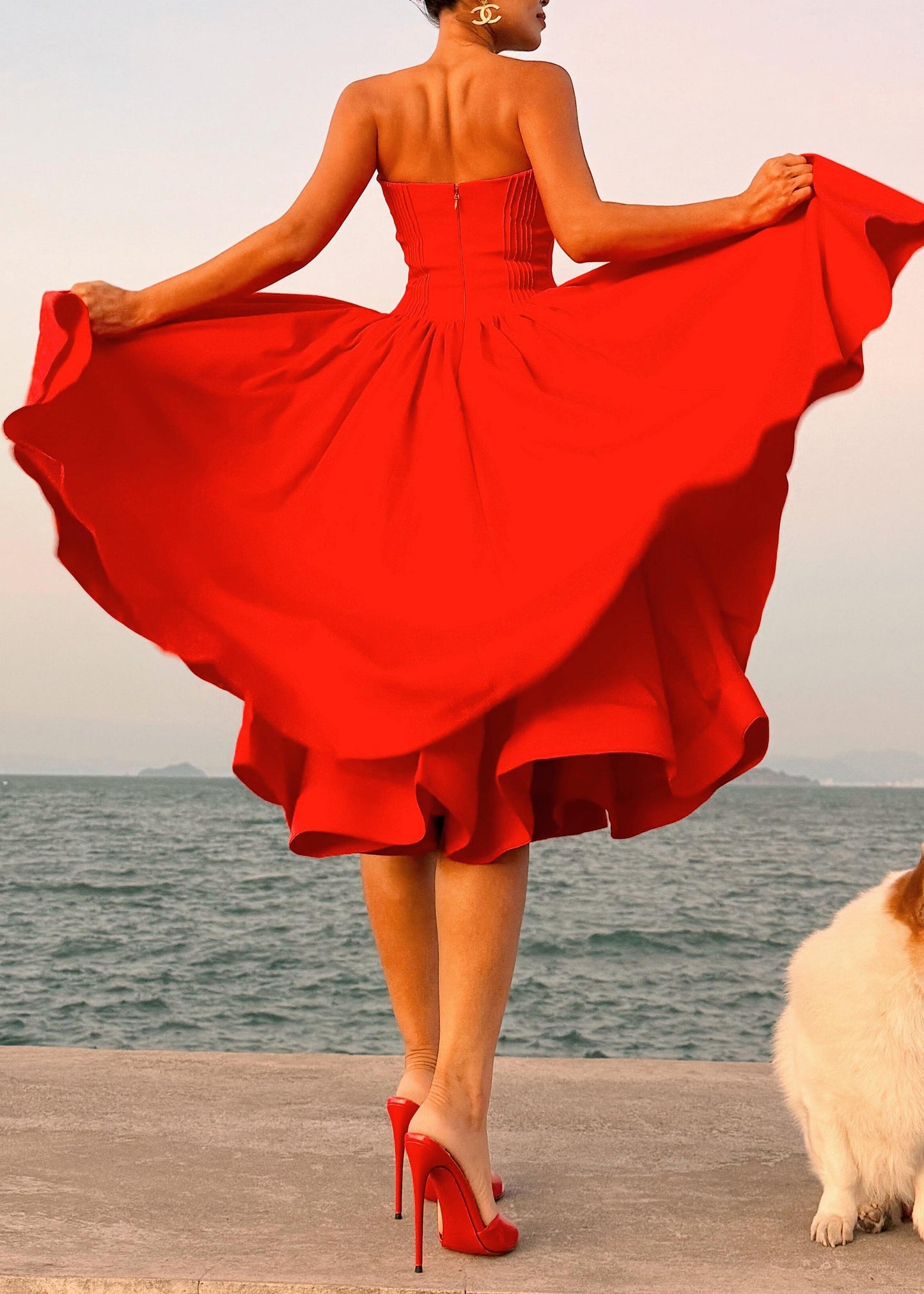 Cotton Patchwork Strapless Italian Wrinkled Summer Red Dress