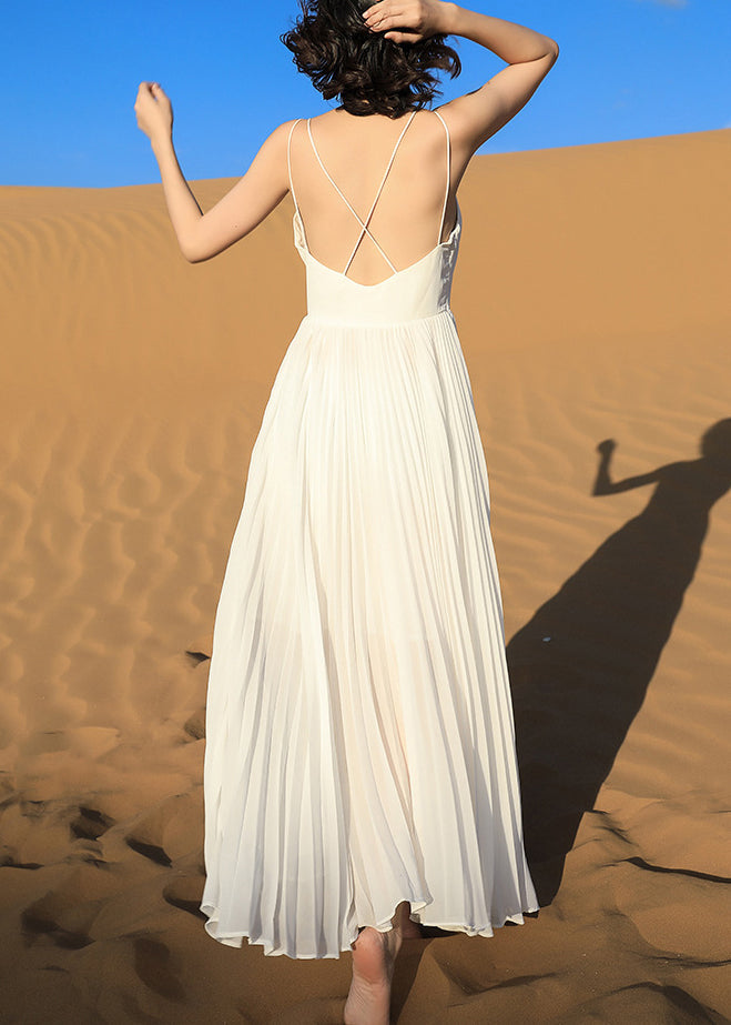 Wrinkled Backless White Dress Spaghetti Italian Chiffon Strap
