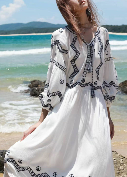 Italian Embroidered Up White Fall Lace Dresses Cotton Long