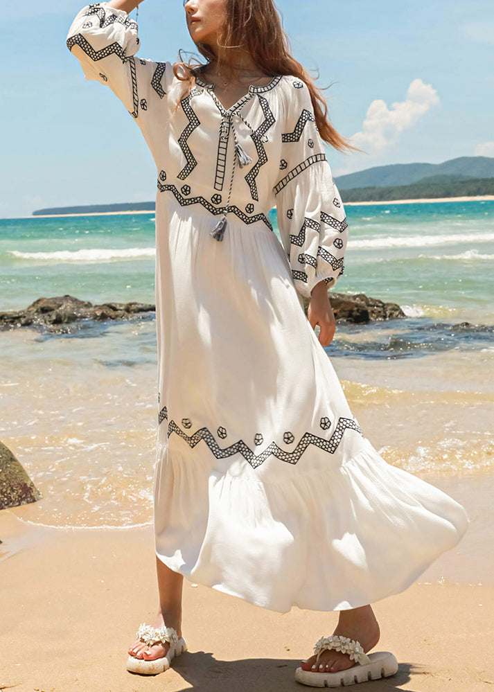 Italian Embroidered Up White Fall Lace Dresses Cotton Long