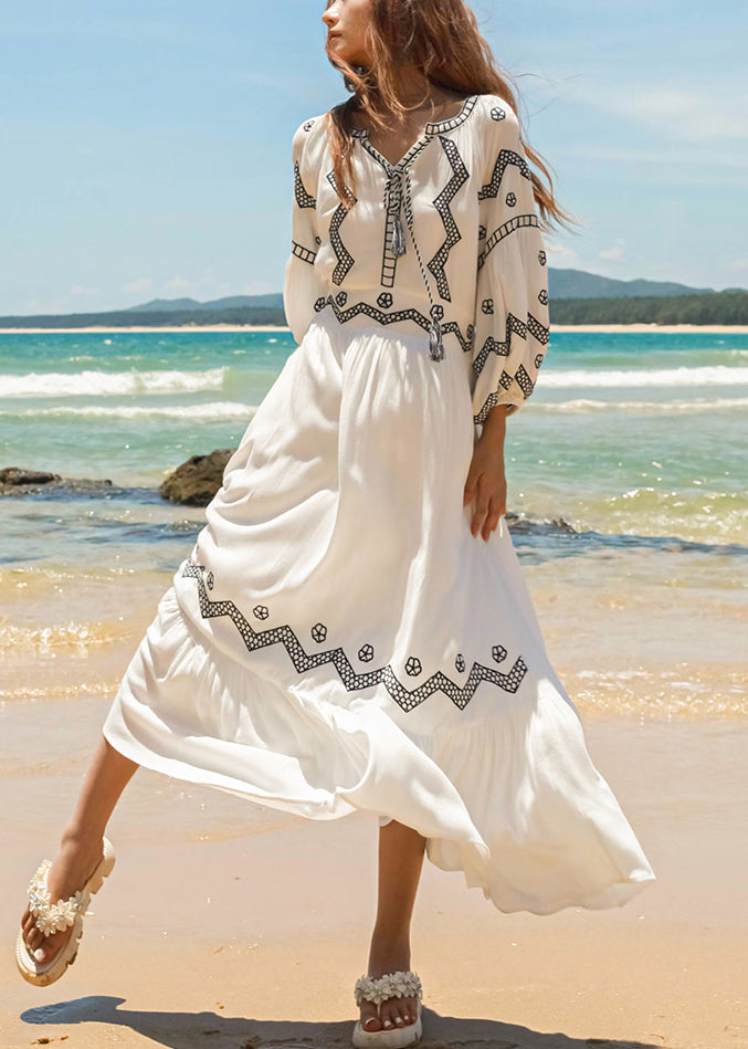 Italian Embroidered Up White Fall Lace Dresses Cotton Long
