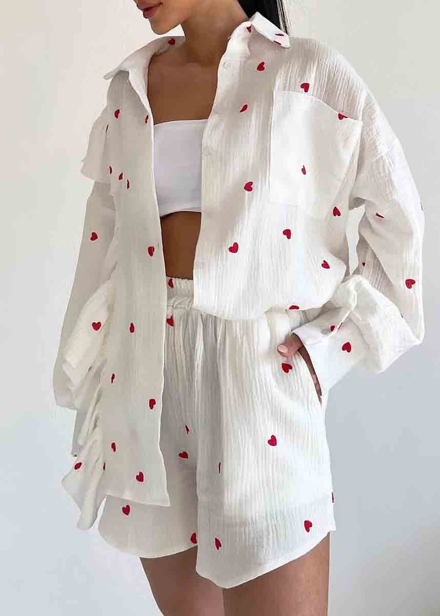 Pajamas Set White Pieces Love Italian Ruffled Cotton Two Print