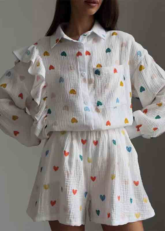 Pajamas Set White Pieces Love Italian Ruffled Cotton Two Print