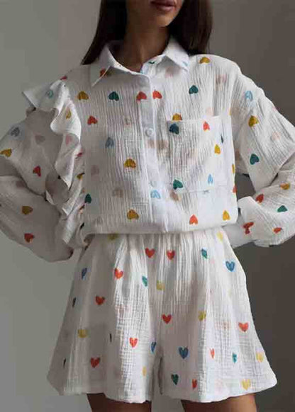 Pajamas Set White Pieces Love Italian Ruffled Cotton Two Print