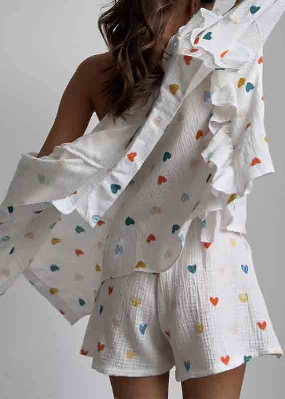 Pajamas Set White Pieces Love Italian Ruffled Cotton Two Print