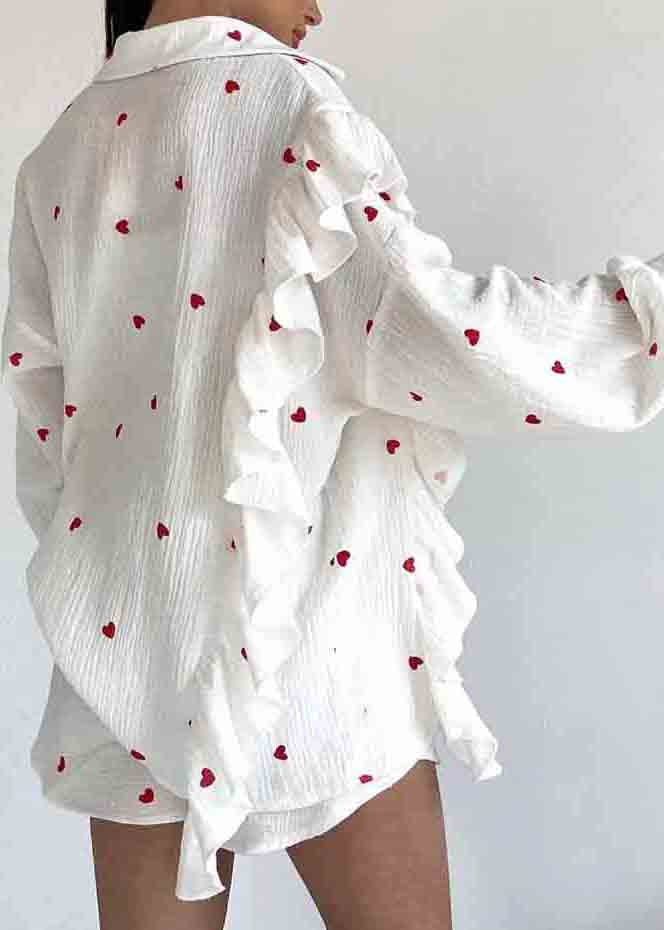 Pajamas Set White Pieces Love Italian Ruffled Cotton Two Print